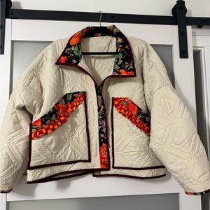 Floral Trim Quilted Jacket - Cream and Multicolor